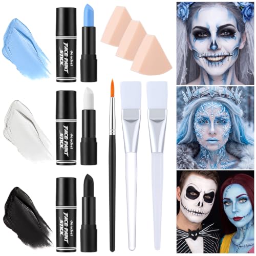Jiuguva Halloween Face Body Paint Kit Goth Face Body Paint with Brushes Sponges for Spooky Skull Ghost Zombie Vampire Demo Witch Cosplay Costume Party Looks (15 Pcs, White, Black, Blue)
