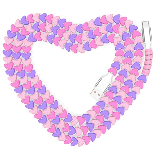 Jiunai Beaded USB to USB C Cable 6ft Cute Heart Shape Beaded Phone Charger for Carplay 27W Charging Type C Cable Teen Girls Women Gifts Pretty USB C Cable for iPhone 17 16 15 Galaxy S26 S25 for iPad