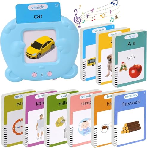 JJ JJ Technology 224 Bilingual Spanish English Talking Flash Cards, Birthday Gifts Easter Present for 2-8 Year Old Boys, Pocket Speech Therapy Toys, Portable Toddlers Toys for Ages 2-8 Kids,Blue