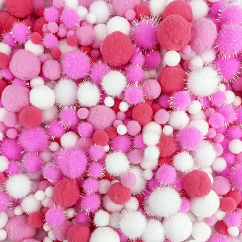 JKanruh 1000Pcs 0.4 to 1.2 inch Glitter Tinsel Pom Poms Bulk Pink White Series Tinsel Balls for Craft Decorations,Assorted Size Fuzzy Pompoms