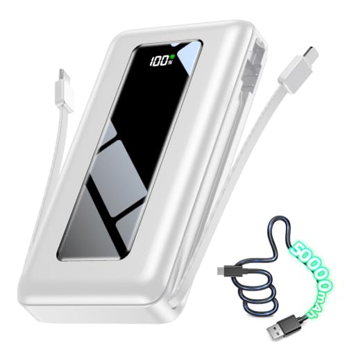 JKELAR Power Bank, 50000mAh Travel Camping Essential Portable Charger with Built-in USB-C & iOS Cable, 22.5W PD Fast Charging Battery Pack, for iPhone 17/16/15, MacBook, Android – Cool White