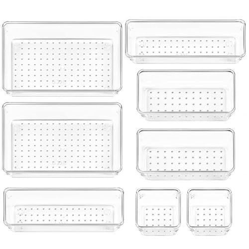 JLNGTHONG 8 Pack Clear Drawer Organizer, 4 Sizes Organization and Storage Trays, Drawer Organizer Bins for Kitchen, Vanity, Bathroom, Office
