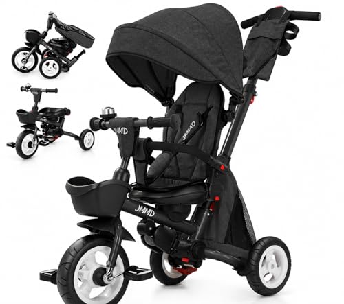 JMMD 8 in 1 Tricycle Stroller with Push Handle, Foldable Trike with 360° Swivel Seat, Reclining Backrest, All-Terrain Wheels, Dual Brakes, Canopy & Storage, Gift for Kids 18 Months to 5 Years, Black