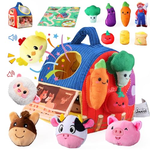 JMMICO Baby Toys 6-12 Months, 13 PCS Barn with Stuffed Farm Animals and Stick-On Plush Vegetables, Mirror -Montessori Toy for Babies, Portable Sensory Toy for Toddlers 1-3, 1 Year Old Boy Girl Gifts