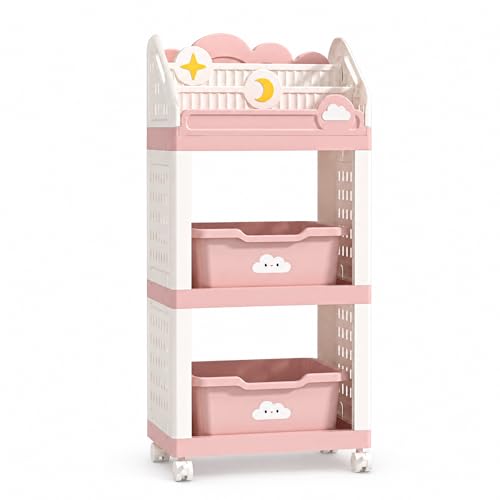 Jmudren Toddler Book and Toy Organizer with Storage Bin, Front-Facing Book Display Shelf, Kids Reading Rack with Wheels, Montessori Activity Organizer for Nursery and Playroom (Pink, 3-Tier)