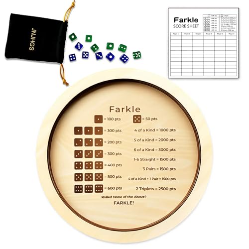 JNJHGS Farkle Dice Tray, Farkle Dice Game with 12" Wooden Dice Tray, 2 Sets of Dice and 50 Sheet Scorepad for The Classic Family Game (Natural)