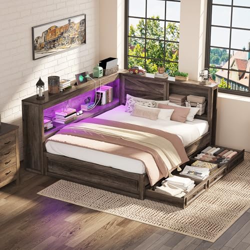 Jocisland Twin Corner Storage Bed Frame, Farmhouse Barn Door Style with Side Bookcase & Under-Bed Drawers, Charging Station & LED Lights, for Kids Bedroom, No Box Spring Needed, Grey