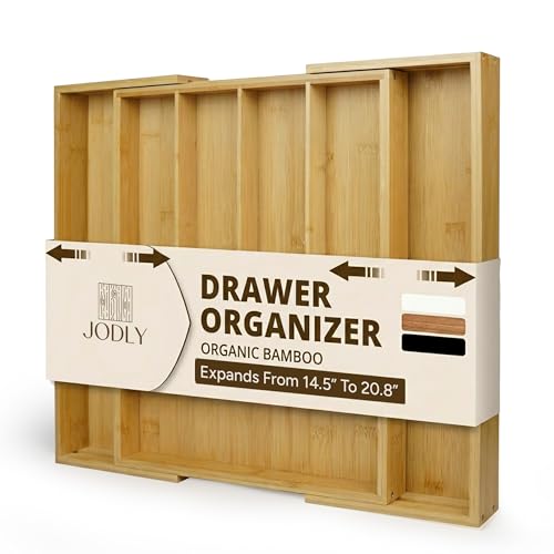 JODLY Bamboo Kitchen Utensil Drawer Organizer for Silverware | 100% Natural Expandable 14-20 Inch Kitchen Drawer Organizers for Utensils | Non-Slip Base | Screwed Joints for Long-Lasting Durability