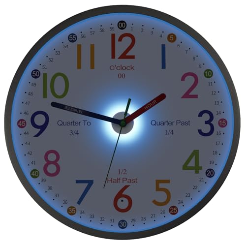 JoFomp Telling Time Teaching Clock, 10 Inch Illuminated Wall Clock for Kids Bedroom, LED Wall Clock Battery Operated, Silent Learning Clock for Kids, Teachers & Classroom, Light Sensor - Auto Lighting
