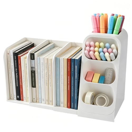 Johehe Multifunctional & Retractable Office Desk Organizer and Bookshelf, Small Space Desk Organizer with Magazine File Holder and Pen Holder,Desk Accessories & Workspace Organizers Office Supplies