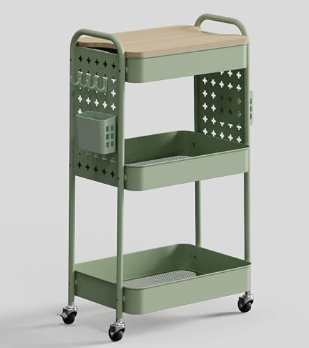 johgee 3 Tier Rolling Cart with DIY Pegboards, Metal Rolling Utility Cart with Table top, Sturdy Storage Organizer Cart with Locking Wheels & Hooks for Office, Classroom, Kitchen and Bathroom