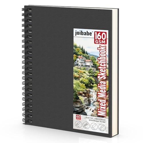 joibabe Spiral Bound Mixed Media Sketchbook, 160 GSM/98LB Heavyweight Acid Free Paper, 60 Sheets, 9x12 Inch Art Notebook for Drawing, Watercolor, Acrylic, Sketching, 1 Pack