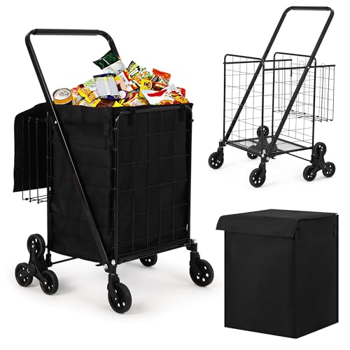 Jojoka Heavy Duty Folding Stair Climbing Utility Cart - 360° Swivel Wheels - Dual Baskets & Waterproof Liner - Portable Wheeled Office Trolley for Groceries, Laundry, Camping - 100 lbs Capacity,