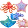 JOLLFY 4 Pack 3D Printed Articulated Ocean Animals Fidget Toys, Flexible Octopus, Stingray, Starfish & Axolotl Sea Creature Set, Sensory Desk Toys, for Kids Teens Adults