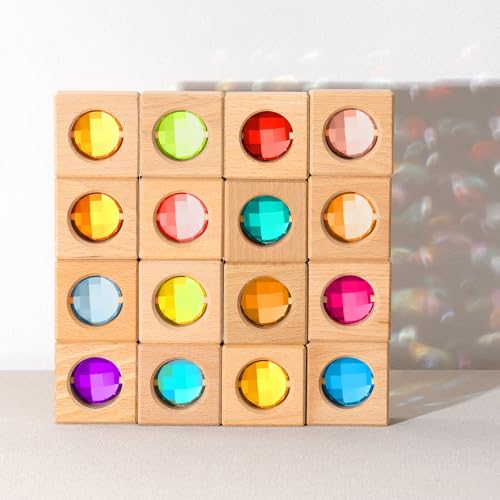 JolliLudo 16 Pcs Acrylic Wooden Gem Blocks Sparkling Translucent Cubes Stacking Toys Wooden Cubes Blocks with Colorful Acrylic Open Ended Play Montessori Educational Toys (Round)
