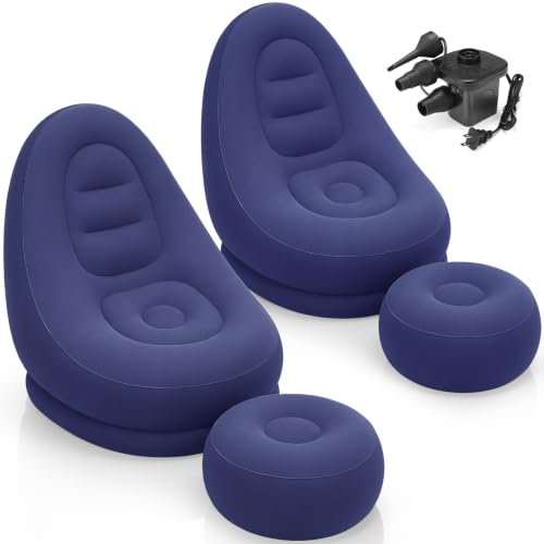 JolliLudo 2 Sets Inflatable Bean Bag Chairs Set with Ottoman Electric Pump Folding Blow up Lazy Sofa Loungers Chair with Footstool Couch for Movie Night Film Marathon Gaming Camping (Navy Blue)