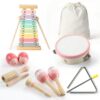 JOLLITO 9-Piece Kids Musical Instrument Set, Wooden Montessori Percussion Toys for Toddlers 1-3, Macaron Pastel Colors Xylophone Tambourine Maracas with Storage Bag, Preschool Educational Gift