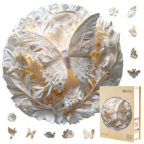 Jollitot Wooden Puzzles for Adults, 3D Paper Butterfly Wooden Puzzles 100 Pieces, Unique Animal Shaped Wood Challenging Jigsaw Puzzles Gifts for Adults, 8.5x8.5in