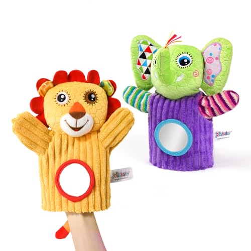 Jollybaby Hand Puppets Baby Toy 0-6-12 Months, Plush Stuffed Animal Hand Puppets Toys for Kids,Sensory Doll with Rattle and Mirror for Toddler,Social Emotional Play Therapy Toys for Boy Girl Gift