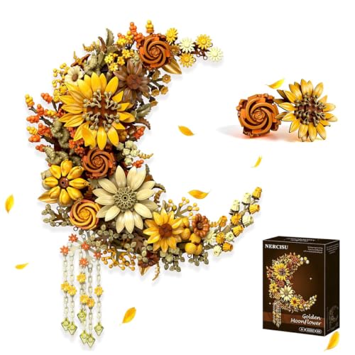 JOMIOD Sunflower Crescent Moon Floral Building Blocks Set DIY Artificial Flower Wreath, Warm Color Fake Plant Bonsai Model, Home Office Desktop Decor Creative Birthday Gift for Women