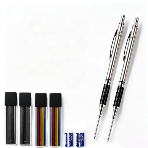 JOMPENS Mechanical Carpenter Pencil, 45mm Long Nib Deep Hole Marker, 2mm HB Strong Lead, Full Metal Ergonomic Woodworking Pencil for Construction, Architect and Carpenter(1 case) (2, Silver)