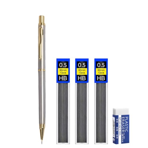 JOMPENS Metal Mechanical Pencil, 0.5mm Drafting Pencil Set with 36 pcs Refills and Eraser, Graphite Pencil with Clip, Precision Writing Tool for Students Artists Engineers Architects (White)