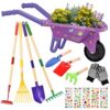 JONRRYIN Wheelbarrow for Children, Gardening Set Children with Gloves, Spade and Rake, Garden Wheelbarrow for Outdoors, Children Educational Games (Violet)