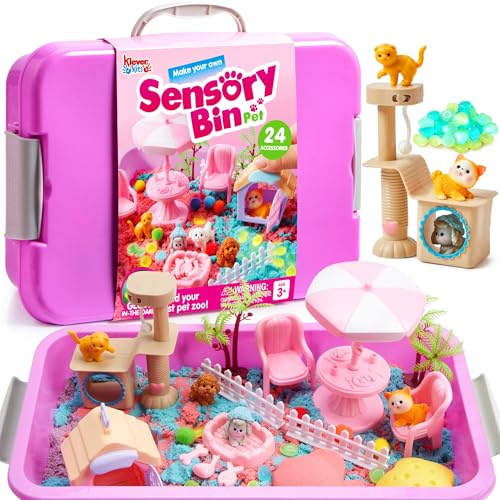 JOVA Klever Kits Cute Pet Sensory Bin for Toddlers with Glow in The Dark Stones, Sandbox with Lid Dual-Color Sand, Preschool Learning Activities Gifts for Boys Girls Age 3+