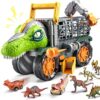 JOVA Vroomix Dinosaur Toy for Toddlers 2 3 4 5+ Year Old, Extra Large Dinosaur Monster Truck with Figures, T-Rex Toy with Launcher and Darts, Crane Arm & Tunnel, Jurassic Toy for Boys Birthday Gift