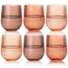 JOVGANK Venus Ribbed Glass Drinking Glasses Set of 6, Origami Ripple Brown Stemless Wine Glass 12OZ, Tumbler Glasses Cup Set for Daily Use, Wedding, Party, Christmas Gift