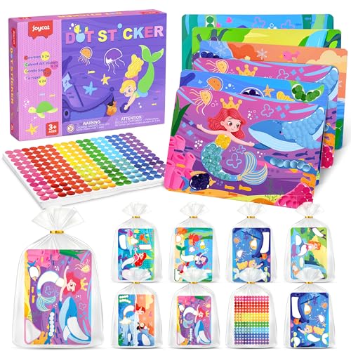 JoyCat 24 Pack Mermaid Dot Art Craft Kits for Kids Party Favors, Mess-Free Dot Sticker Activity Set with 4800+ Stickers & Goodie Bags, Classroom Prizes, Goodie Bag Stuffers, Mermaid Toys for Ages 3-8