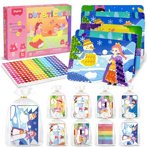 JoyCat 24 Pack Princess Dot Art Craft Kits for Kids Party Favors, Mess-Free Dot Sticker Activity Set with 4800+ Stickers & Goodie Bags, Classroom Prizes, Goodie Bag Stuffers,Princess Toys for Ages 3-8
