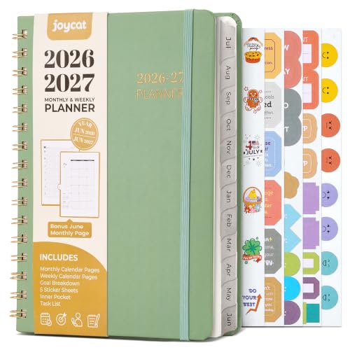 JoyCat Academic Planner 2026-2027, July 2026-June 2027, A5 Weekly & Monthly Planner with Grid Notes Pages, Hardcover with Tabs, 5 Sticker Sheets for Teachers & Students, 6.3" x 8.5", Green