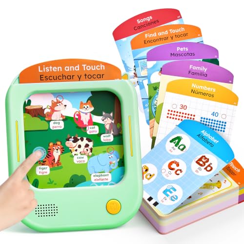 JoyCat Bilingual Kids Learning Tablet, 106 Pages Spanish & English Talking Cards with 20 Interactive Games, Montessori Toy for Alphabet, Words, Numbers, Colors & Songs, Learning Gifts for Toddler 2-6