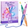 JoyCat Dual Tip Glitter Markers, 16 Colors in 8 Pens with Reversible Rigid Brush & Fine Tips, 6ml Jumbo Ink Paint Pens for Rock Painting, Glass, Wood, Kids Craft, Thickened Barrel & Gift Box