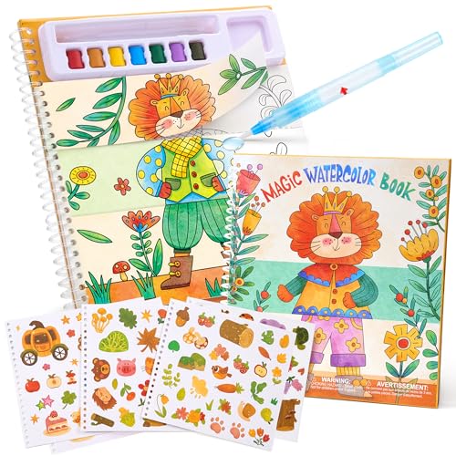 JoyCat Mix & Match Paint with Water Coloring Books, Watercolor & Sticker Activities - 150 Pcs Stickers for Kids Ages 3-8, Toddler Painting Sets Art & Craft Drawing Toy Gifts for Boys Girls (Animals)