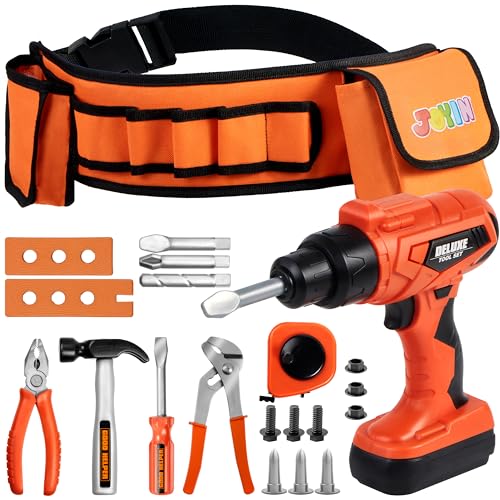 JOYIN 19Pcs Kids Tool Set, Construction Belt & Electronic Drill, Pretend Role Play Toddler Power Toy for Boys Girls, Birthday Gifts Outdoor Preschool Ages 3 4 5 6 7 Years Old