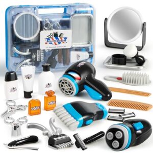 JOYIN Barber Shop Pretend Role Play Toy, 23 Pcs Kids Shaving Kit for Boys, Haircut Kit for Boys 3+ Year Old Birthday Gift, Upgraded Toddler Role Play Set with Storage Box