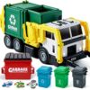 JOYIN Large Friction Powered Garbage Truck Toy Set, Includes 1 Dumpster, 3 Trash Bins, and 30 Learning Cards for Kids, Boy Toys Birthday Gift, Green