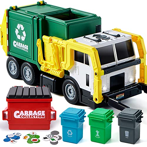 JOYIN Large Friction Powered Garbage Truck Toy Set, Includes 1 Dumpster, 3 Trash Bins, and 30 Learning Cards for Kids, Boy Toys Birthday Gift, Green