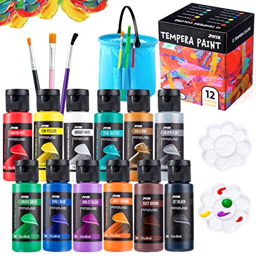 JOYIN Washable Tempera Paint Set for Kids 12PCS, Non Toxic Liquid Paint with 6 Brushes and 2 Palettes - Art Supply for Kids for Arts and Crafts Project, Finger Painting (2 oz Each), Easter Basket Stuffers