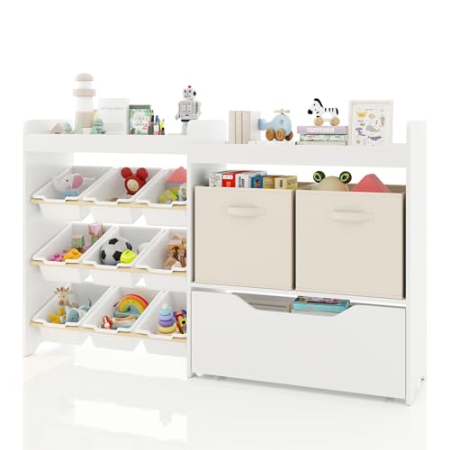 JOYLDIAS Kids Toy Storage Organizer with Bookshelf, 4-Tier Children’s Bookcase with 9 Toy Bins, 2 Open Cubbies & Rolling Drawer, Toy Organizer Cabinet for Nursery, Playroom, Classroom, White