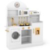 JOYLDIAS Modern Wooden Play Kitchen, Toddler Toy Kitchen Set with Washing Machine, Refrigerator, Microwave, Oven, Coffee Maker, Realistic Lights & Sounds, and Accessories for Kids Ages 3+
