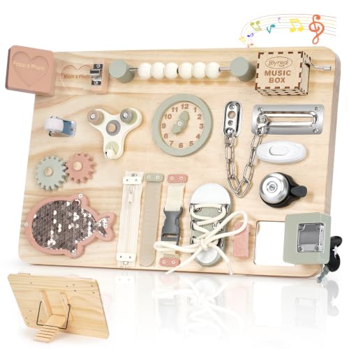 Joyreal Montessori Large Busy Board with Stand, Montessori Sensory Toys for Fine Motor Skills, Wooden Fidget Activity Board for Toddlers, Gifts for Boys Girls (Large Neutral)