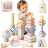 Joyreal Montessori Stacking Blocks for Toddlers 1-3，30PCS Nesting & Building Toys with Storage Bag,Educational Fine Motor Learning Toy, Preschool STEM Stacking Blocks for Boys Girls 12M+