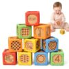 Joyreal Silicone Wooden Baby Blocks, 10PCS Montessori Stacking Blocks for Babies 6-18 Months, 1.7" Beech Wood Sensory Learning Toy with Animals, Numbers, Textures, Soft Chewable, Laser Engraved