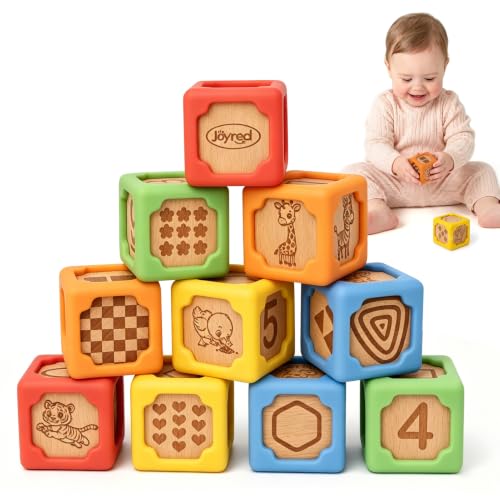 Joyreal Silicone Wooden Baby Blocks, 10PCS Montessori Stacking Blocks for Babies 6-18 Months, 1.7" Beech Wood Sensory Learning Toy with Animals, Numbers, Textures, Soft Chewable, Laser Engraved