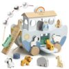 Joyreal Wooden Noah's Ark Toy for 1 Year Old Baby Boy and Girl Baptism Gift - Neutral Color Montessori Educational Toy with Animal Shape Sorter - Christian Toys for Toddler 1-3 Christmas Birthday Gift