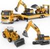 Joysweetoy Construction Toys Set for 3 4 5 6 7 Years Old Boys, Die-cast Engineering Construction Vehicles Truck Toys w/Semi Truck Excavator Bulldozer, Alloy Model Vehicles with Lights Sounds