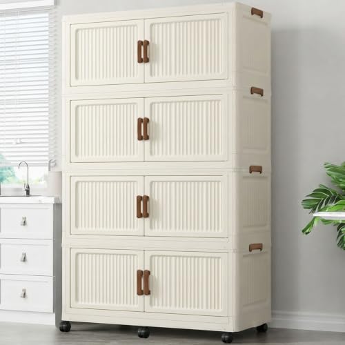 JOYTINO 469QT Modular Stackable Storage Bins with Lids, Rolling Lidded Storage Containers with Wheels, Collapsible Drawer Storage Bins for Clothes, Container Drawers for Bedroom Dorm, Cream(4 Pack)